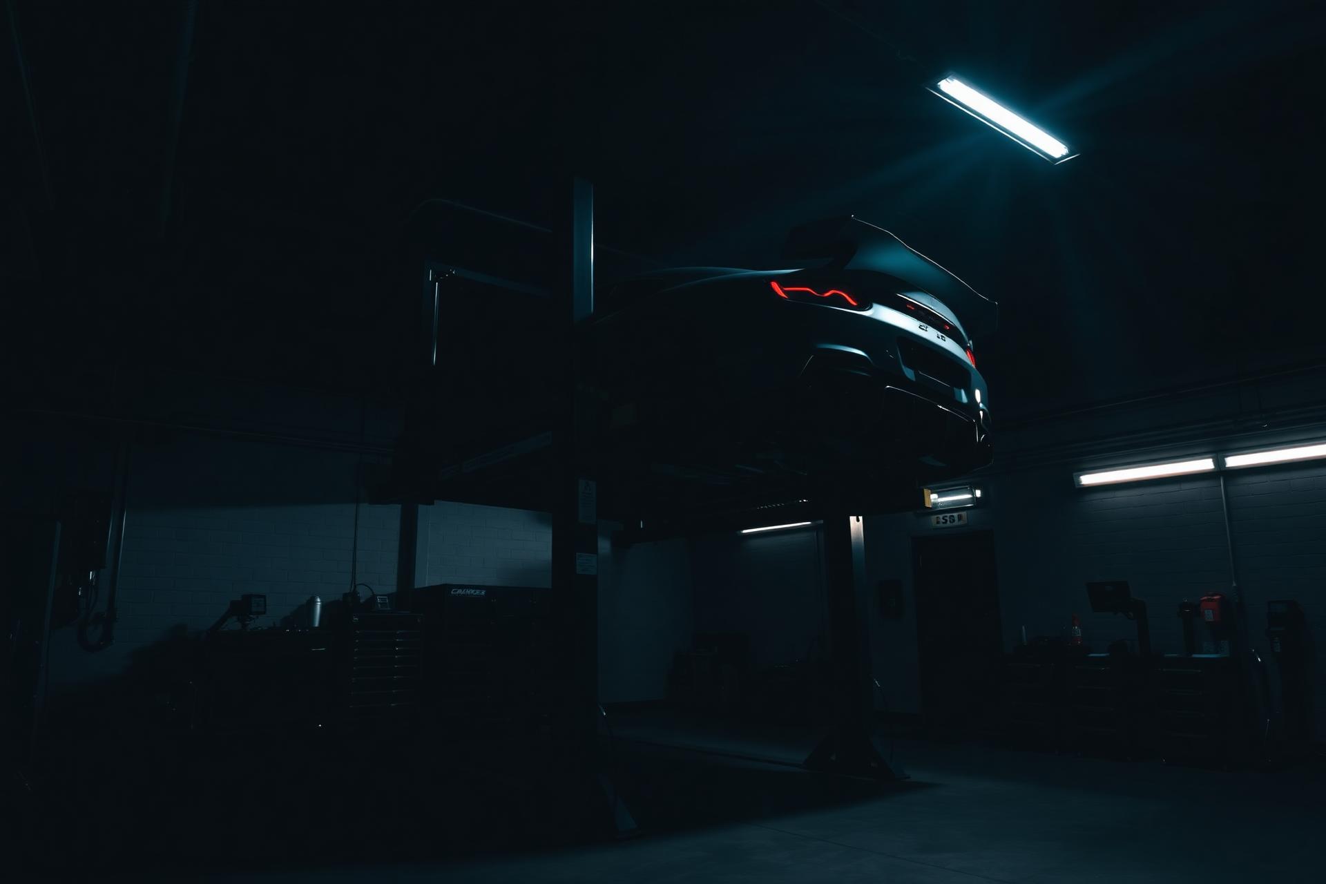 Vehicle raised on a two-post lift in an industrial Maine garage